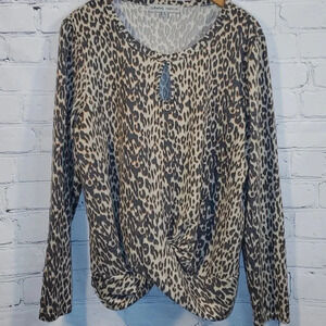 Absolutely Famous Leopard Print Keyhole Sweater Size XL with Bottom Knot